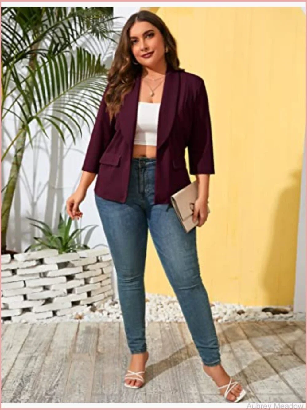 Plus Size Pocketed Blazer 3/4 Sleeve Open Front Casual Suit Jacket
